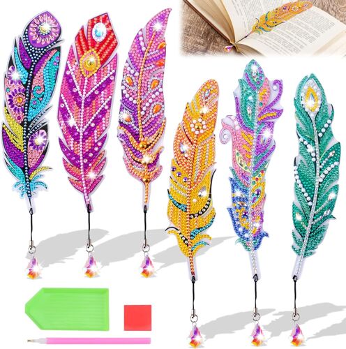 Kalanka-Diamond Painting Marque Page, 6pcs Marque Page Peinture Diamant, Marque-Pages Plume Avec Pendentif, Accessoires De Signets De Peinture De Diamant Cadeaux Artisanaux