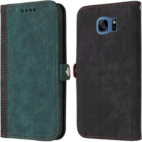 Coque Cuir Pour Samsung Galaxy S7 Edge, Housse Portefeuille Magnetique Fentes Pour Cartes Antichoc Etui A Rabat Avec Cordon Fonction Support Case Pour Samsung S7 Edge Cover - Vert