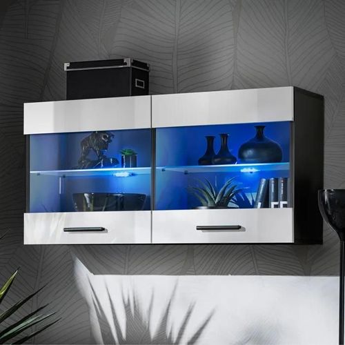 Vitrine Armoire Savona Komodee - Led Bleues - Blanc Brillant Et Noir - Facades En Brillant - 100 X 50 X 30 Cm
