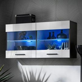 Vitrine Armoire Savona Komodee - Led Bleues - Blanc Brillant Et Noir - Facades En Brillant - 100 X 50 X 30 Cm