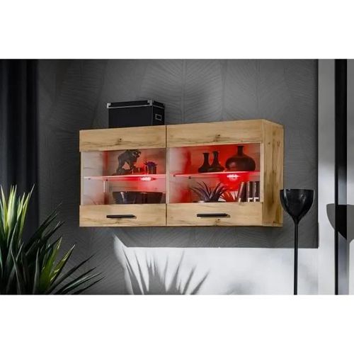 Vitrine Armoire Savona Komodee - Led Rgb - Bois Naturel Mat Et Bois Naturel - Facades En Mat - 100 X 50 X 30 Cm
