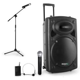 Enceinte sur batterie mobile 1000W USB Bluetooth + 2 micros PORT15VHF-BT avec Pied de Micro