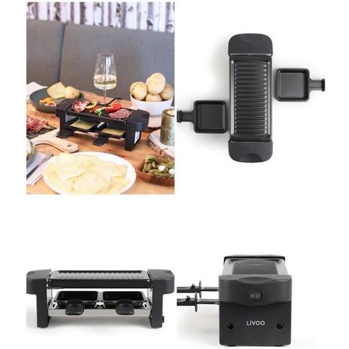 Appareil à raclette 2 personnes NOIR avec Plateau gril amovible avec revêtement antiadhésif Pieds antidérapants