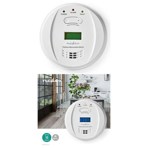 Détecteur de Monoxyde de Carbone NEDIS - Alarme 85dB - Conformité EN50291 - Blanc Rectangulaire - Pile