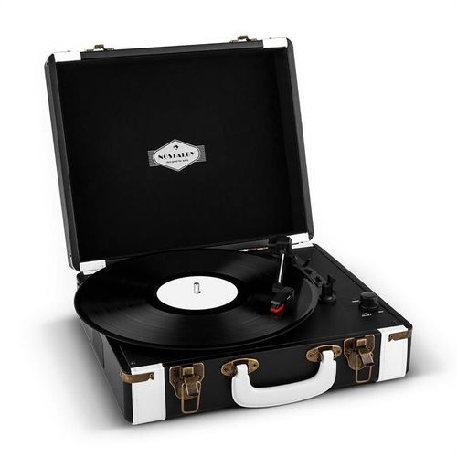 auna Jerry Lee - Platine vinyle portable design valise vintage avec 2 haut-parleurs, port USB pour numérisation et poignée de transport (sortie RCA pour connexion enceinte, compatible 33/45/78 tours, démarrage automatique) - blanc/noir