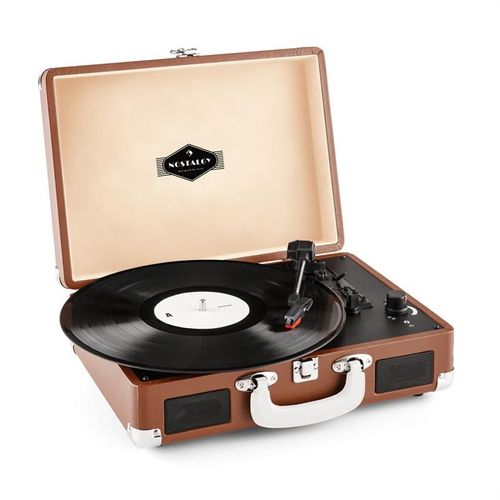 auna Peggy Sue - Platine vinyle portable design valise vintage avec 2 haut-parleurs, port USB pour numérisation et poignée de transport (sortie RCA pour connexion enceinte, compatible 33/45/78 tours, démarrage automatique) - marron