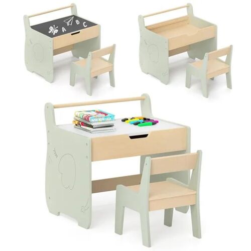 COSTWAY Table 3 en 1 et Chaise pour Enfant, Plateau Amovible 2 en 1, Rangement, Porte-rouleau de Papier pour Crèche et Salle de Jeux