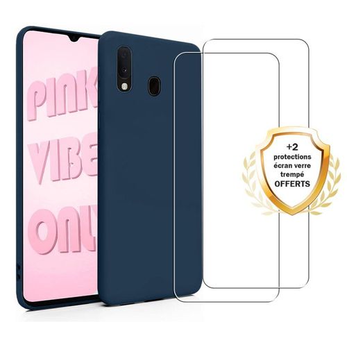 Coque Samsung Galaxy A40 Silicone Liquide Bleu Marine + 2 Vitres En Verre Trempé Protection Écran Antichocs Evetane