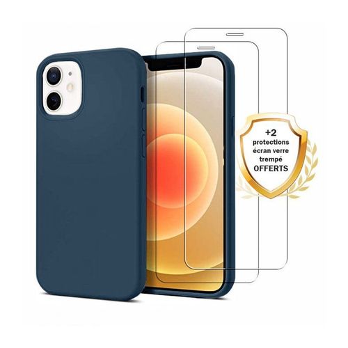Coque Iphone 12 Mini Silicone Liquide Bleu Marine + 2 Vitres En Verre Trempé Protection Écran Antichocs Evetane