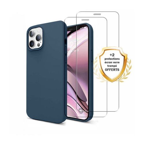Coque Iphone 13 Pro Silicone Liquide Bleu Marine + 2 Vitres En Verre Trempé Protection Écran Antichocs Evetane