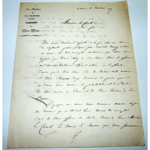 La Flèche 72, Lettre Du Cabinet Du Sous-Préfet Du 2 Janvier 1847