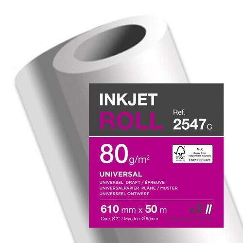 Clairefontaine Lot De 2 Rouleaux Papier Pour Traceur Jet D'encre 610 Mm X 50 M 80g Blanc