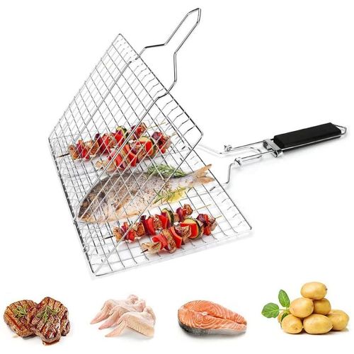 Panier Grille pour Barbecue Pliable pour la Cuisson des Poissons, Légumes ou Crevettes, avec Poignée Amovible - en Acier Inoxydable