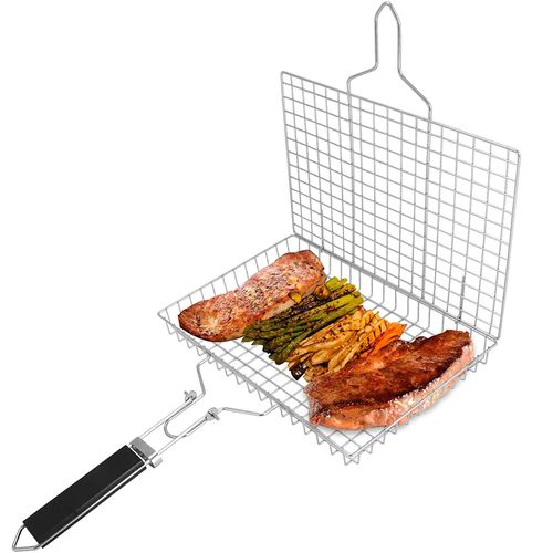 Panier Grille pour Barbecue avec Poignée amovible, pour la Cuisson des Poissons, Légumes ou Crevettes - en Acier Inoxydable