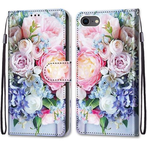Coque Pour Iphone Se 2020/Iphone 8/7 (4,7 Pouces), Etui En Cuir Pu Portefeuille Housse Coque Avec 360 Degres Silicone Protection Cover Cuir Pochette Magnetique Flip Bequille (Fleur 3)