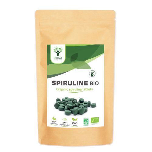 Spiruline Bio - Bioptimal - Complément Alimentaire - Bcaa Fer Vitamine A - 65% De Protéine - 17% De Phycocyanine - 500 Mg / Comprimé - Conditionnée En France - Certification Ecocert - 300 Comprimés 