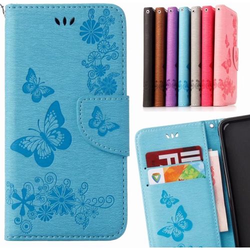 Pour Wiko Harry Etui Cuir Portefeuille Pochette Mince Bumper Protecteur Magnetique Fermeture Standing Fente Carte Silicone Tpu Housse Cover Coque Pour Wiko Harry, Chanceux Papillon (Bleu)