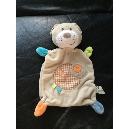 Doudou Plat Chien Marron Clair Vert , Bleu Et Croix Nicotoy