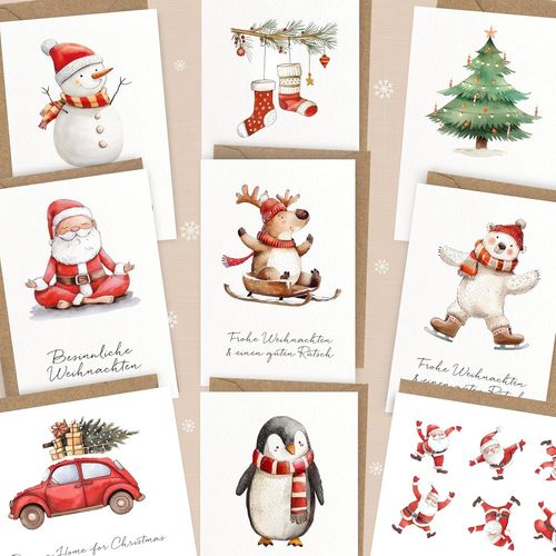 Tianyi-Lot De 10 Cartes De Noël Avec Enveloppes Et Autocollants Supplémentaires - Cartes Pliantes De Qualité Supérieure Pour Noël - Avec Enveloppe - Qualité Supérieure - Aquarelle Classique