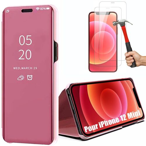 Coque Iphone 12 Mini (5.4"") Pack 2 Verres Trempés Face Effet Mirroir Rigide Souple Stable Rose