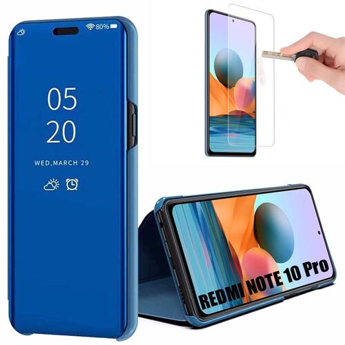 Coque Redmi Note 10Pro 4G(6,67'') + Verre Trempe Effet Miroir Anti Choc Fenetre Tanslucide Haute Resistance Bleu