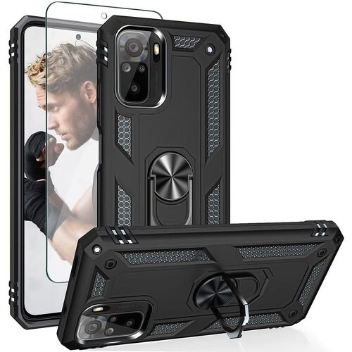 Coque Redmi Note 10 4G (6,42'')avec Verre Trempe Anneau Support Protection Renforcee Bordure Silicone Plaque Metallique Noir