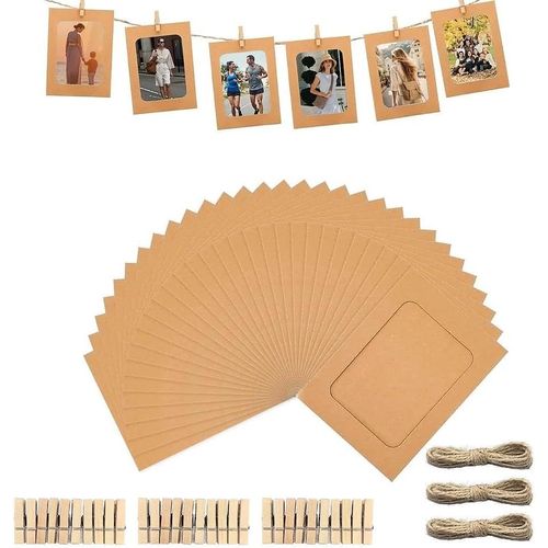 Tianyi-30pcs Cadre Photo En Papier Kraft Diy Cadre Photo À Suspendre 10x15 Présentoir Photo Cadre En Carton A Decorer Avec 30 Pinces Bois,Cordes Support Accrocher Photos Pour Décoration Murale-Kaki