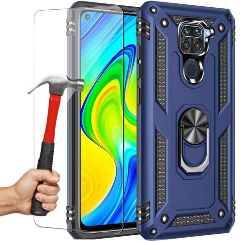Coque Redmi Note 9 (6,53'')Avec Verre Trempe Anneau Support Metal Plaque Metallique Au Dos Protection Renforcee Bleu