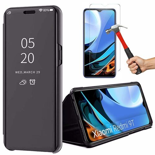 Coque Redmi 9T(6,39'') avec Verre Trempe Effet Miroir Fenetre Tanslucide Haute Performance Protection Renforcee Noir