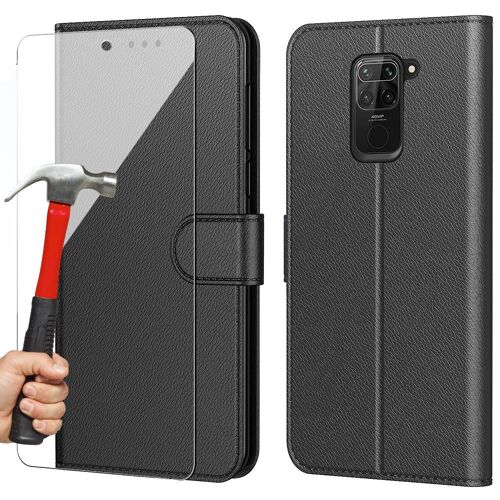 Coque Redmi Note 9 (6,53'') Verre Trempe Inclu Effet Cuir Noir design Tendance Fermeture Magnetique Bordure Renforcee