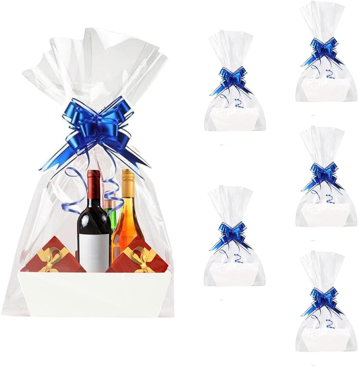 Panier Cadeau Vide Tressé Avec 3 Sacs Transparents Et Rubans, Idéal Pour Fêtes Saisonnières, Bleu - Maison