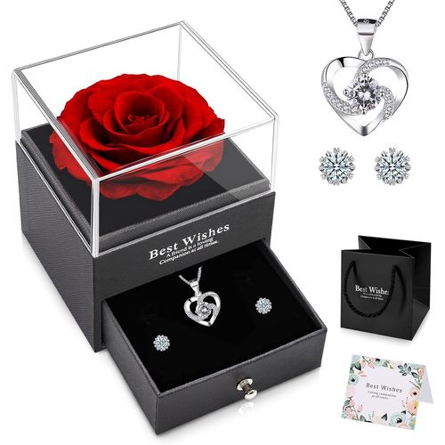Eternal Rose Gift Idea Christmas Woman With Earrings And Necklace Preserved Red Real Rose Eternal Handmade For Christmas,Valentine's Day,Mother's Day