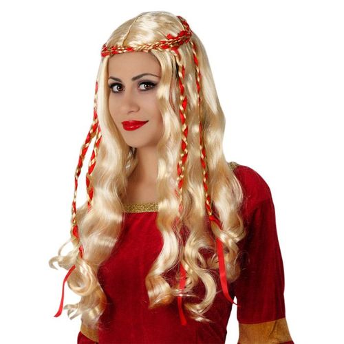 Perruque Longue Blonde Avec Rubans Rouges Femme Taille Unique