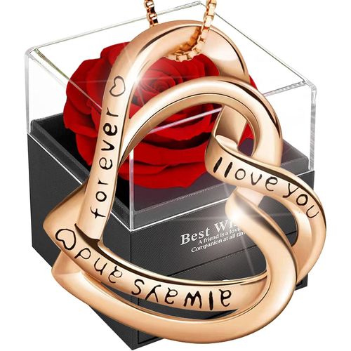 Eternal Red Rose With 925 Sterling Silver Jewellery,Double Heart Necklace With Rose Box,Pendant With Preserved Rose,Gift For Her Christmas,Valentine's Day,Mother's Day,Birthday