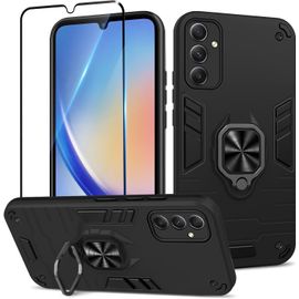 TRAHOO-Coque pour Samsung Galaxy A34 5G avec Verre Trempé, Etui de Protection Antichoc de Qualité Militaire, Housse avec Anneau Support Métallique, Support de Voiture Compatible, Noir