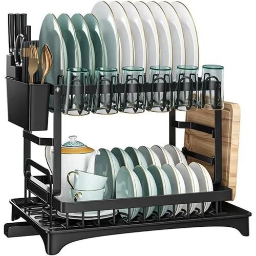 Egoutoire Vaisselle Cuisine À 2 Niveaux En Inox Avec Porte-Ustensiles Et Bac D'égouttement,Séchoir À Vaisselle,(42×30×29 Cm) Noir