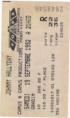 Ticket Concert Johnny Hallyday Paris Bercy 19 Septembre 1992