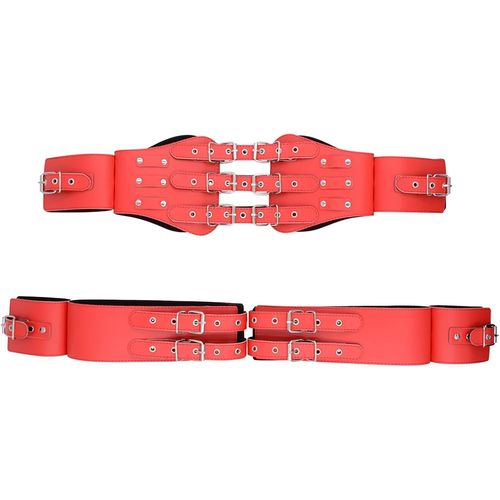 Kal-Kits De Dondage Menottes Et Menottes Pour Cuisses Leather Sex Restraints Kit Back Handcuffs Adjustable Extreme Sm Toys For Women Men Couples Role Play (Red)