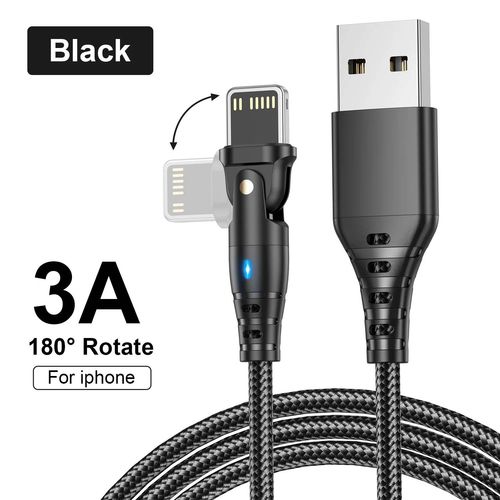(1m¿Black) Câble USB 3A, cordon de données de charge rapide, fil coudé rotatif à 180 degrés pour iPhone 14 Plus 13 Pro 12 11 Mini 8 7 6 XS X XR SE 0.5m 1m 2m