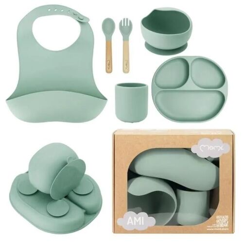 Momi Ami - Set De Vaisselle En Silicone Pour L¿Alimentation Bébé - Sans Bpa Ni Phtalates - Bois De Hêtre ¿ Vert