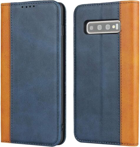 Coque Samsung Galaxy S10 Plus,Premium Flip Portefeuille Etui En Cuir,[3 Fentes][Fonction Support][Fermeture Magn¿¿Tique],Housse Etui Coque Pour Samsung Galaxy S10 Plus - Bleu+Jaune