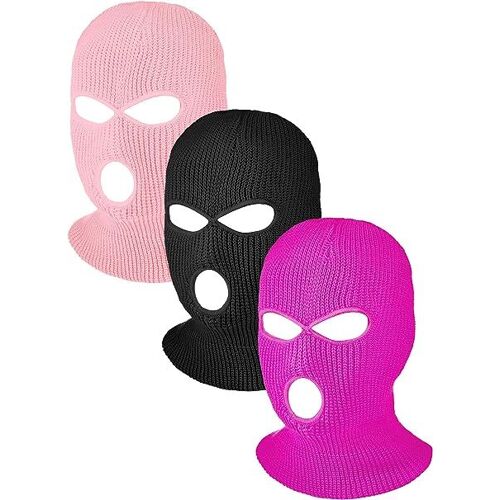 3 Pièces Cagoules de Visage de Sport Complet 3 Trous Cagoule de Ski de Couverture de Visage Tricotée de Plein Air d'hiver (Noir, poudre profonde, rose clair, Adulte)