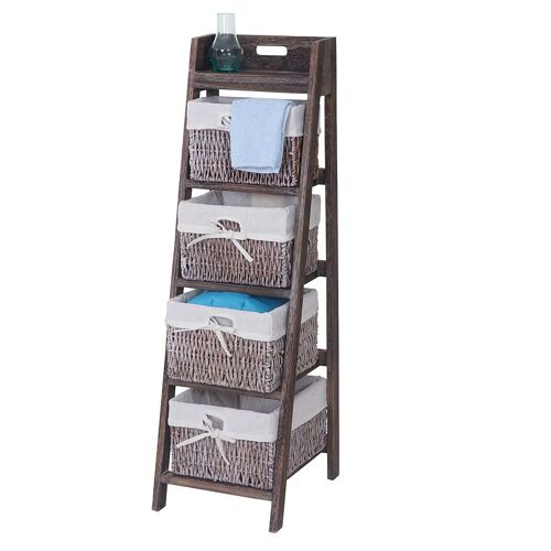 Étagère échelle Goiana, Étagère sur pied avec 4 tiroirs en osier 101x30cm, style shabby, vintage   marron