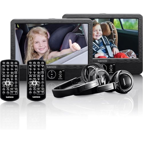 SUBZONAL-DVP-939 - lecteur DVD portable 2 x 9 pouces avec 2 casques et 2 supports d'appui-tête - batterie rechargeable intégrée - entrée USB - lecteur de carte SD - noir