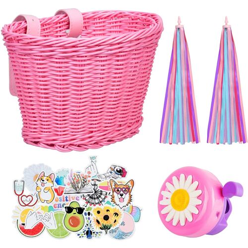 Panier Vélo Enfants,Avec Sangle Réglable Panier Velo Avant Avec Tassels Bell Diy Accessoire De Velo Pour Bicyclette Décoration(Rose)