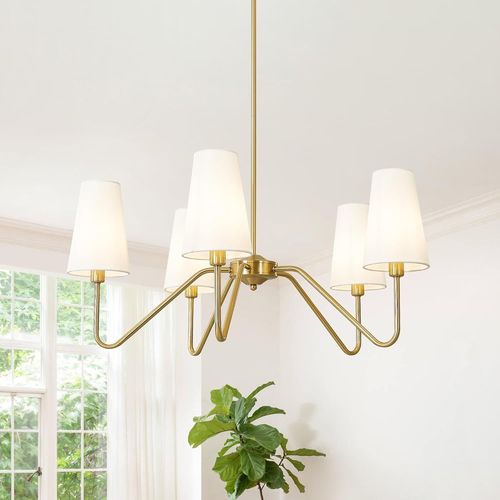 Subzonal-Moderne Lustre Salon,Linéaire Suspension Luminaire Pour Îlot De Cuisine Avec Abat-Jour En Tissu Blanc, Suspension Réglable En Hauteur Pour Salon Chambre À Coucher Couloir (Gold,5 Heads A)