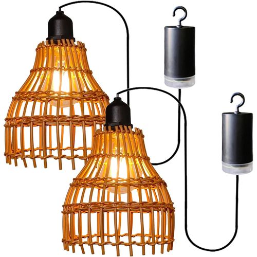 Subzonal-Lot De 2 Dimmable Suspension Luminaire Exterieur, Suspension En Rotin E27 Avec Télécommande, Luminaire Suspendu Bohème En Rotin Étanche Lumière De Jardin Extérieur Pour Extérieur, Camping, C