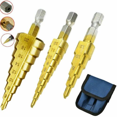 Outils de perçage 3 pièces, 3-12mm 4-12mm 4-20mm, foret étagé à rainure droite, foret à bois et métal revêtu de titane