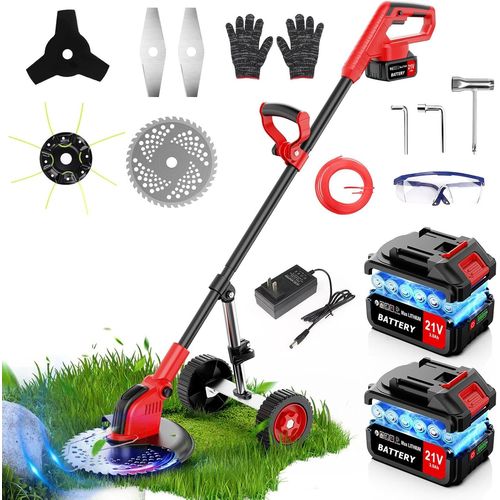 SUBZONAL-12 Pouces Debroussailleuse Électrique sans Fil 850W avec 2*3.0Ah Batteries 4 Types de Lames Roues Réglable Coupe Bordure à Batterie Coupe-Herbe à Gazon Poignée Télescopique pour Pelouse Jard