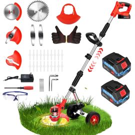 SUBZONAL-21V Debroussailleuse Electrique sans Fil, Débroussailleuse à Batterie avec Roues Réglables, Coupe Bordure sans Fil avec 2 Batteries de 2,0 Ah et 4 Types de Lames, pour Débroussaillage, Cour,